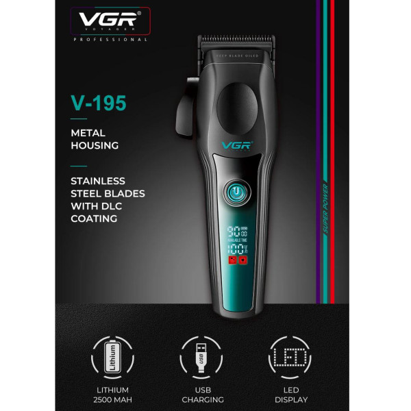 Акумуляторна Машинка Для Стрижки VGR V-195 GREEN 8 Насадок 9000 RPM 2500 mAh LED Display Акумуляторна Машинка Для Стрижки VGR V-195 GREEN 8 Насадок 9000 RPM 2500 mAh LED Display