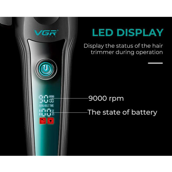 Акумуляторна Машинка Для Стрижки VGR V-195 GREEN 8 Насадок 9000 RPM 2500 mAh LED Display Акумуляторна Машинка Для Стрижки VGR V-195 GREEN 8 Насадок 9000 RPM 2500 mAh LED Display