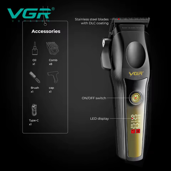 Акумуляторна Машинка Для Стрижки VGR V-195 GOLD 8 Насадок 9000 RPM 2500 mAh LED Display Акумуляторна Машинка Для Стрижки VGR V-195 GOLD 8 Насадок 9000 RPM 2500 mAh LED Display