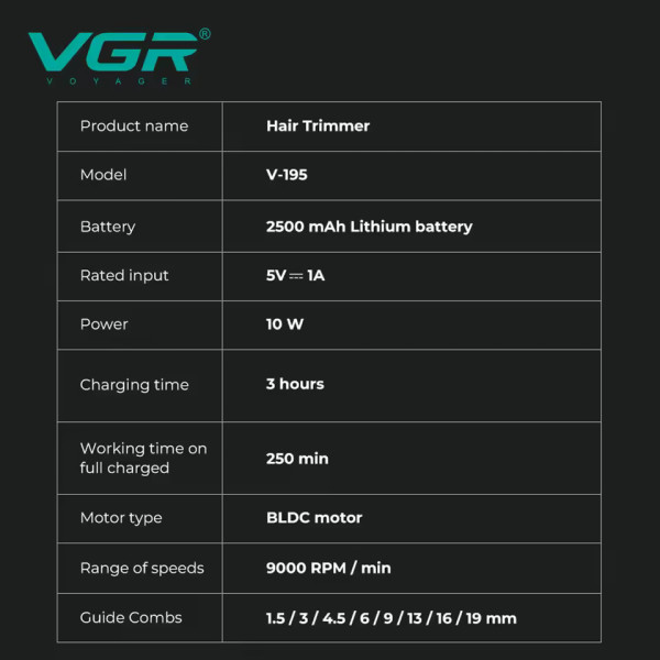 Акумуляторна Машинка Для Стрижки VGR V-195 GOLD 8 Насадок 9000 RPM 2500 mAh LED Display Акумуляторна Машинка Для Стрижки VGR V-195 GOLD 8 Насадок 9000 RPM 2500 mAh LED Display