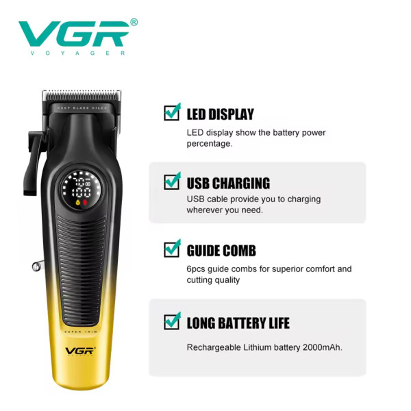Аккумуляторная машинка для стрижки (clipper) VGR V-196 GOLD, 8 насадок, 7000 RPM, 2000 mAh, LED display