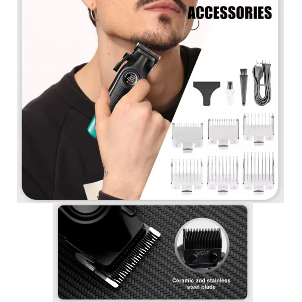 Аккумуляторная машинка для стрижки (clipper) VGR V-196 GOLD, 8 насадок, 7000 RPM, 2000 mAh, LED display