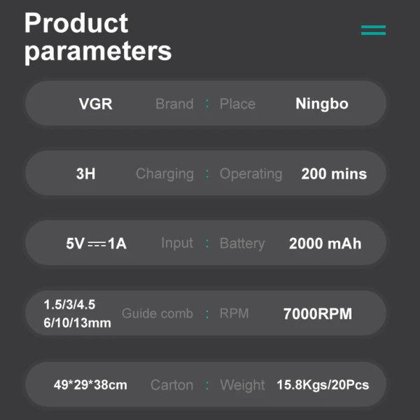 Аккумуляторная машинка для стрижки (clipper) VGR V-196 GOLD, 8 насадок, 7000 RPM, 2000 mAh, LED display