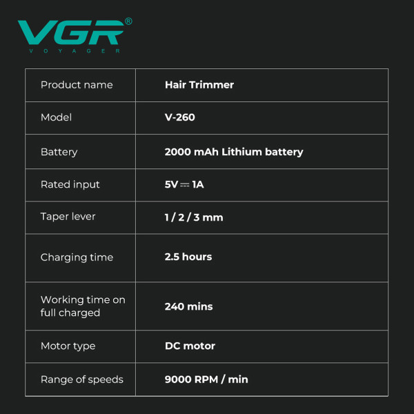 Триммер V-260 GREEN, 3 насадки, 2000mAh, 9000 RPM, LED display