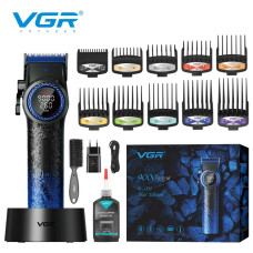 Аккумуляторная машинка для стрижки (clipper) VGR V-001 BLUE, 10 насадок, 9000 RPM, 4600 mAh, LED light, LED display