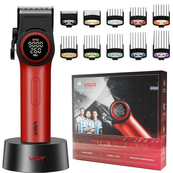 Акумуляторна Машинка Для Стрижки VGR V-001 RED 10 Насадок 9000 RPM 4600 mAh LED Light LED Display