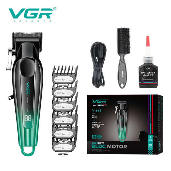 Акумуляторна Машинка Для Стрижки Clipper VGR V-662 GREEN 7000 RPM 6 Насадок LED Display