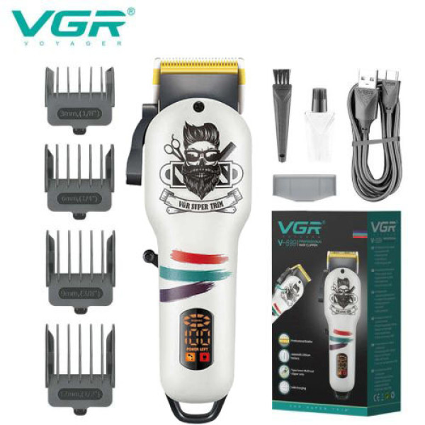 Аккумуляторная машинка для стрижки (clipper) VGR V-699 WHITE, 4 насадки, LED display
