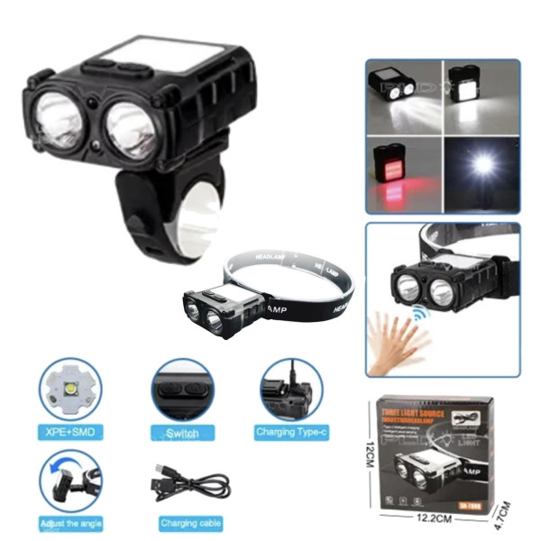 Велофонарь + на лоб SH-T808-2XPE+20SMD(white+red), Motion Sensor,  Li-Ion аккум., ЗУ Type-C, Box