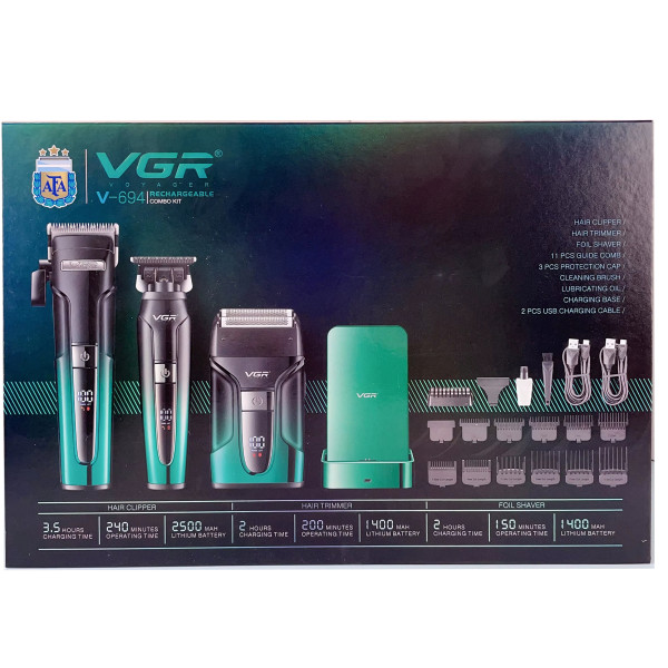 Комплект VGR 3 в 1 V-694 BLUE Акумуляторна Машинка Для Стрижки Clipper Тример і Електроблотва Шейвер Комплект VGR 3 в 1 V-694 BLUE Акумуляторна Машинка Для Стрижки Clipper Тример і Електроблотва Шейвер