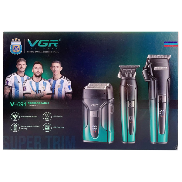 Комплект VGR 3 в 1 V-694 BLUE Акумуляторна Машинка Для Стрижки Clipper Тример і Електроблотва Шейвер Комплект VGR 3 в 1 V-694 BLUE Акумуляторна Машинка Для Стрижки Clipper Тример і Електроблотва Шейвер