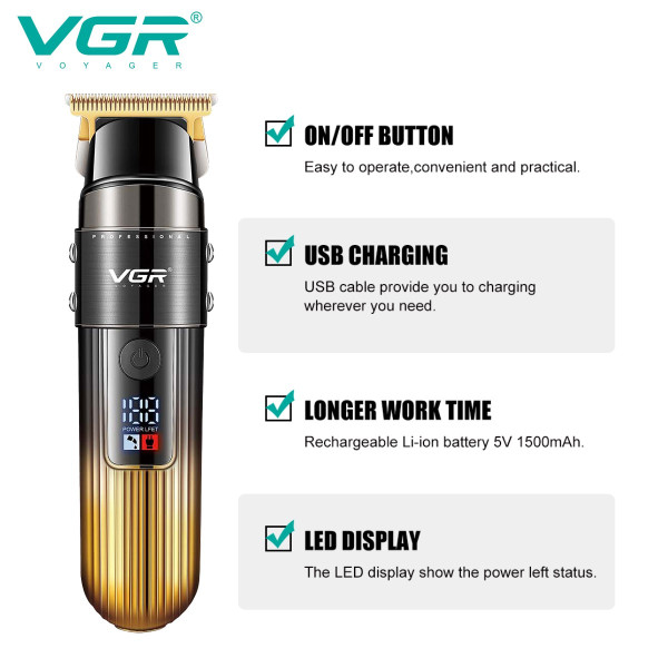 Тример VGR V-929 GOLD, 3 насадки, LED display