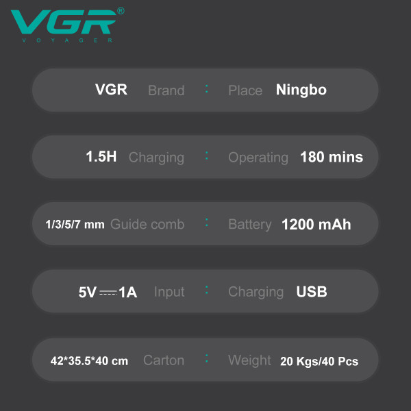 Тример VGR 2 в 1 V-949, триммер та триммер для носа, 4 насадки, IPX6, LED display