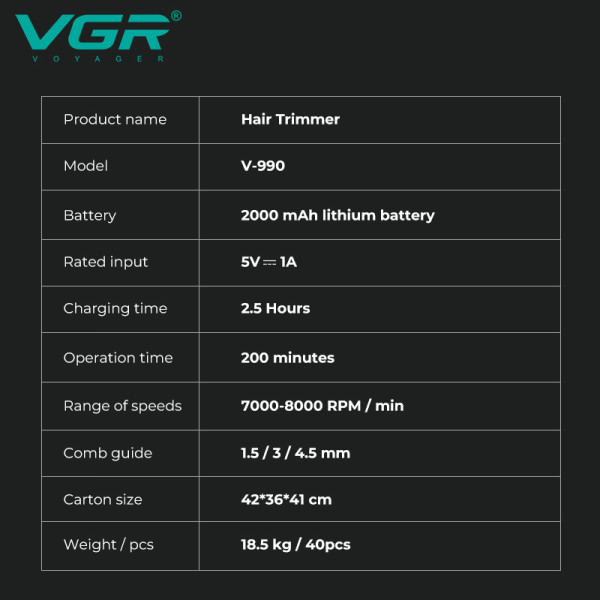 Тример VGR V-990, 3 насадки, керамічне лезо, TURBO режим, регулювання потужності 7000-8000 RPM, LED light, LED display