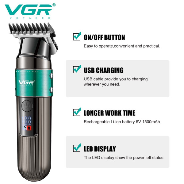 Тример VGR V-929 GREEN, 3 насадки, LED display