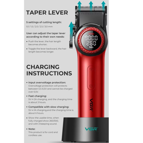 Акумуляторна Машинка Для Стрижки VGR V-001 RED 10 Насадок 9000 RPM 4600 mAh LED Light LED Display