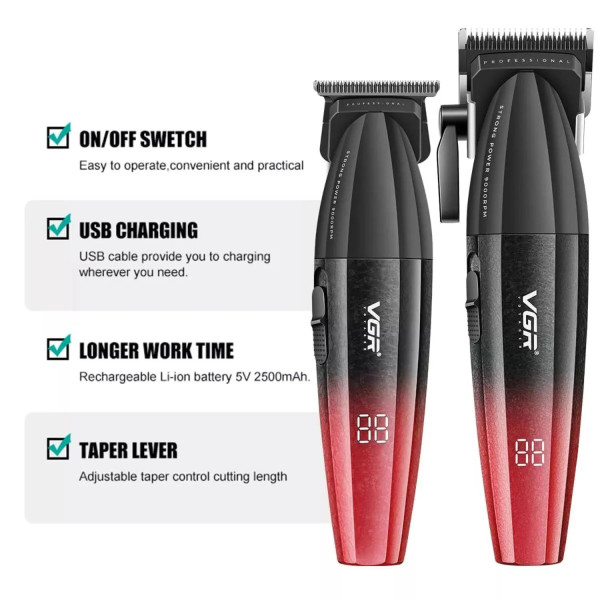 Комплект VGR 2 в 1 V-640 RED аккумуляторная машинка для стрижки (clipper) и триммер