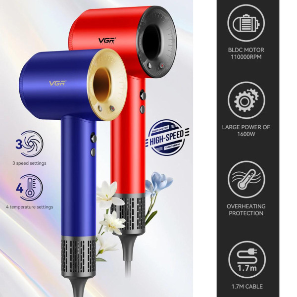 Фен профессиональный VGR V-445 RED, 3 уровня обдува, 4 уровня температуры, 1600 Вт, 110000 RPM