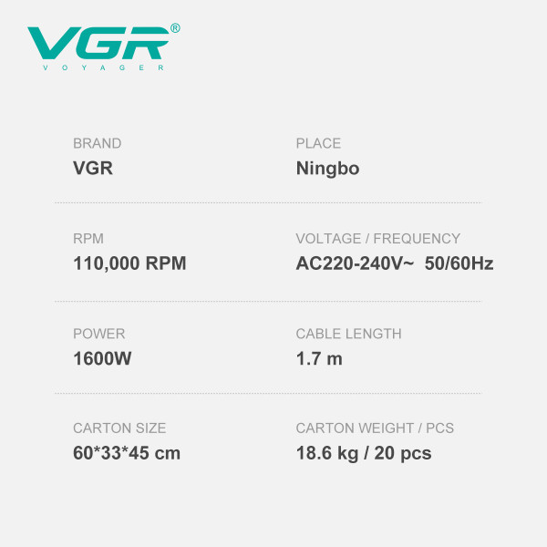 Фен профессиональный VGR V-445 RED, 3 уровня обдува, 4 уровня температуры, 1600 Вт, 110000 RPM