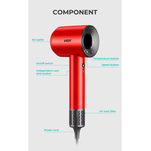 Фен профессиональный VGR V-445 RED, 3 уровня обдува, 4 уровня температуры, 1600 Вт, 110000 RPM