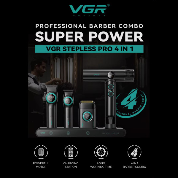 Комплект VGR STEPLERSS RPO 4 IN 1 BLACK, машинка для стрижки (Clipper), триммер, электробритва, фен