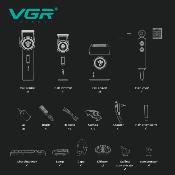 Комплект VGR STEPLERSS RPO 4 IN 1 BLACK, машинка для стрижки (Clipper), триммер, электробритва, фен