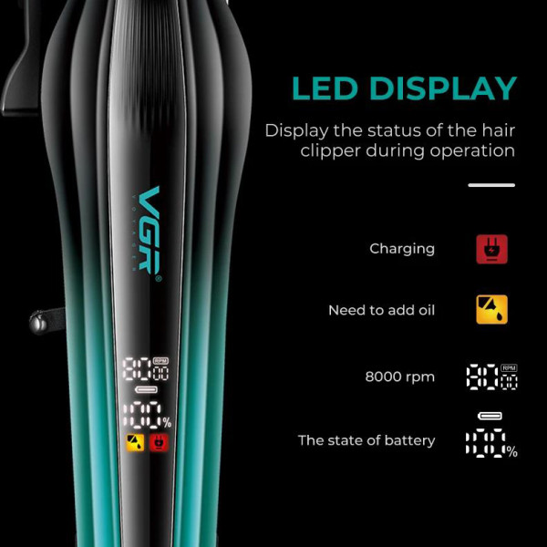 Акумуляторна Машинка Для Стрижки VGR V-273 GREEN 6 Насадок 8000 RPM 3000 mAh LED Display Акумуляторна Машинка Для Стрижки VGR V-273 GREEN 6 Насадок 8000 RPM 3000 mAh LED Display