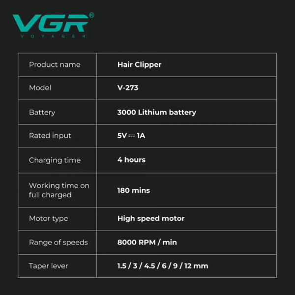 Акумуляторна Машинка Для Стрижки VGR V-273 GREEN 6 Насадок 8000 RPM 3000 mAh LED Display Акумуляторна Машинка Для Стрижки VGR V-273 GREEN 6 Насадок 8000 RPM 3000 mAh LED Display