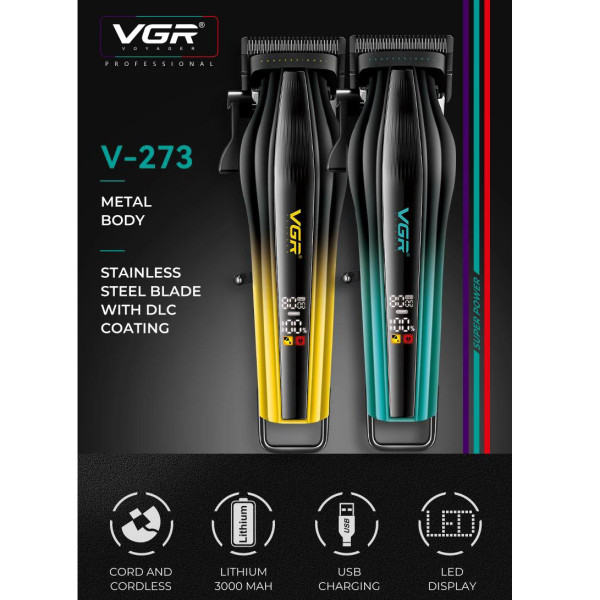 Акумуляторна Машинка Для Стрижки VGR V-273 GOLD 6 Насадок 8000 RPM 3000 mAh LED Display Акумуляторна Машинка Для Стрижки VGR V-273 GOLD 6 Насадок 8000 RPM 3000 mAh LED Display