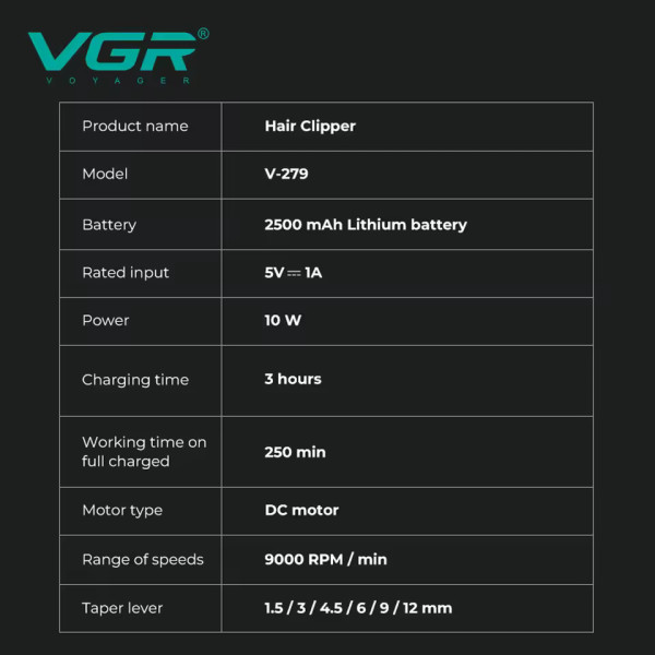 Акумуляторна Машинка Для Стрижки VGR V-279 RED 6 Насадок 9000 RPM 2500 mAh LED Display