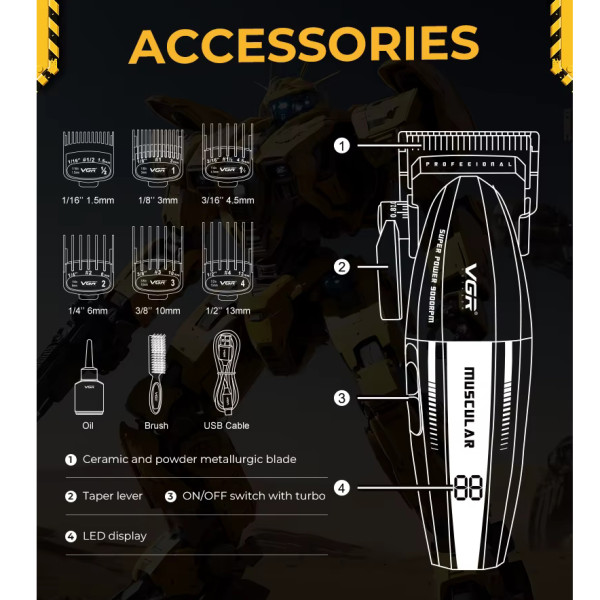 Акумуляторна Машинка Для Стрижки VVGR V-285 6 Насадок 9000 RPM 2000 mAh LED Display