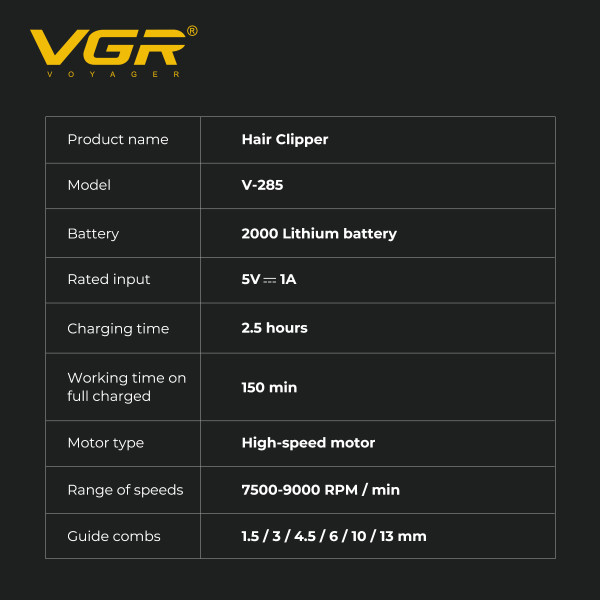 Акумуляторна Машинка Для Стрижки VVGR V-285 6 Насадок 9000 RPM 2000 mAh LED Display