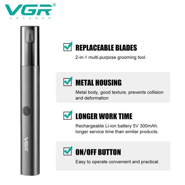 Тример VGR 2 в 1 V-615 2 Насадки Для Носа та Волосся IPX4 Тример VGR 2 в 1 V-615 2 Насадки Для Носа та Волосся IPX4
