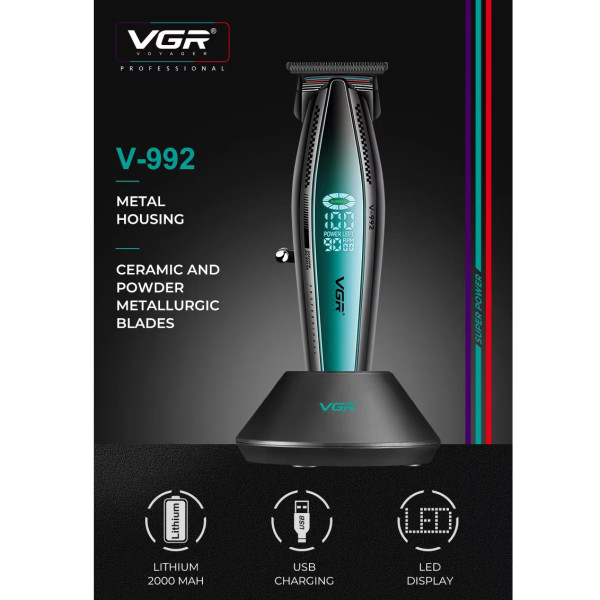 Триммер VGR V-992 GREEN, 9000 RPM, 2000 mAh, 3 насадки, LED display
