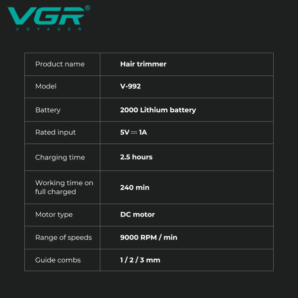Триммер VGR V-992 GREEN, 9000 RPM, 2000 mAh, 3 насадки, LED display