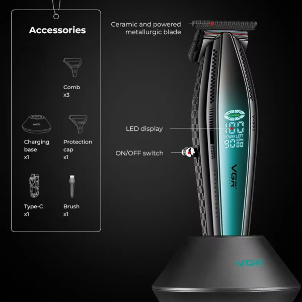 Триммер VGR V-992 GREEN, 9000 RPM, 2000 mAh, 3 насадки, LED display