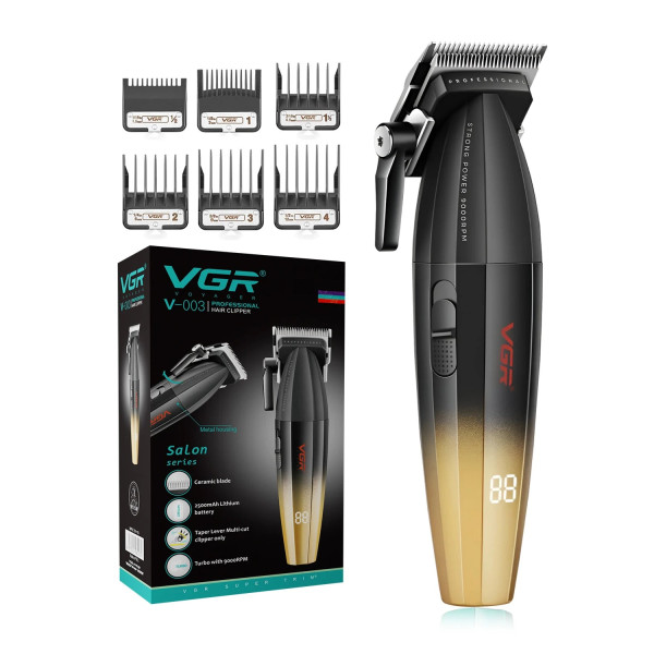 Акумуляторна Машинка Для Стрижки Clipper VGR V-003 GOLD 6 Насадок TURBO Режим 9000 RPM Керамічне Лезо LED Display Акумуляторна Машинка Для Стрижки Clipper VGR V-003 GOLD 6 Насадок TURBO Режим 9000 RPM Керамічне Лезо LED Display
