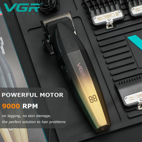 Акумуляторна Машинка Для Стрижки Clipper VGR V-003 GOLD 6 Насадок TURBO Режим 9000 RPM Керамічне Лезо LED Display Акумуляторна Машинка Для Стрижки Clipper VGR V-003 GOLD 6 Насадок TURBO Режим 9000 RPM Керамічне Лезо LED Display