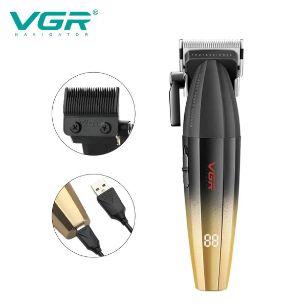 Акумуляторна Машинка Для Стрижки Clipper VGR V-003 GOLD 6 Насадок TURBO Режим 9000 RPM Керамічне Лезо LED Display Акумуляторна Машинка Для Стрижки Clipper VGR V-003 GOLD 6 Насадок TURBO Режим 9000 RPM Керамічне Лезо LED Display