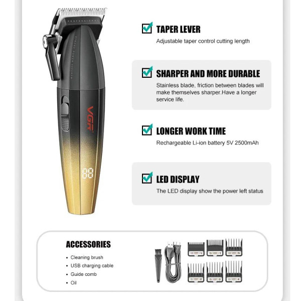 Акумуляторна Машинка Для Стрижки Clipper VGR V-003 GOLD 6 Насадок TURBO Режим 9000 RPM Керамічне Лезо LED Display Акумуляторна Машинка Для Стрижки Clipper VGR V-003 GOLD 6 Насадок TURBO Режим 9000 RPM Керамічне Лезо LED Display