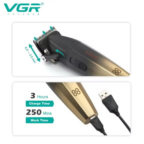 Акумуляторна Машинка Для Стрижки Clipper VGR V-003 GOLD 6 Насадок TURBO Режим 9000 RPM Керамічне Лезо LED Display Акумуляторна Машинка Для Стрижки Clipper VGR V-003 GOLD 6 Насадок TURBO Режим 9000 RPM Керамічне Лезо LED Display