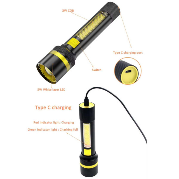 Ліхтар 24094-WHITE LASER LED PM10-TG+COB(White+Red), Li-Ion акумулятор, ЗУ Type-C, zoom