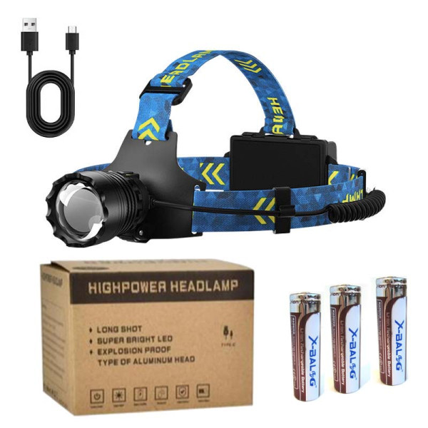 Ліхтар налобний BL-25CC-P360, 3x18650, Power Bank, ЗУ Type-C, zoom, Box