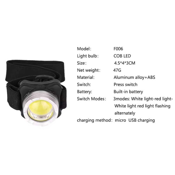 Ліхтар налобний BL-F006-COB(White+Red), ЗУ Type-C, Li-Ion акумулятор, Box