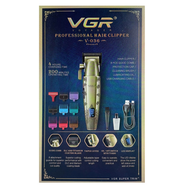 Аккумуляторная машинка для стрижки (clipper) VGR V-036, 8 насадок, LED display