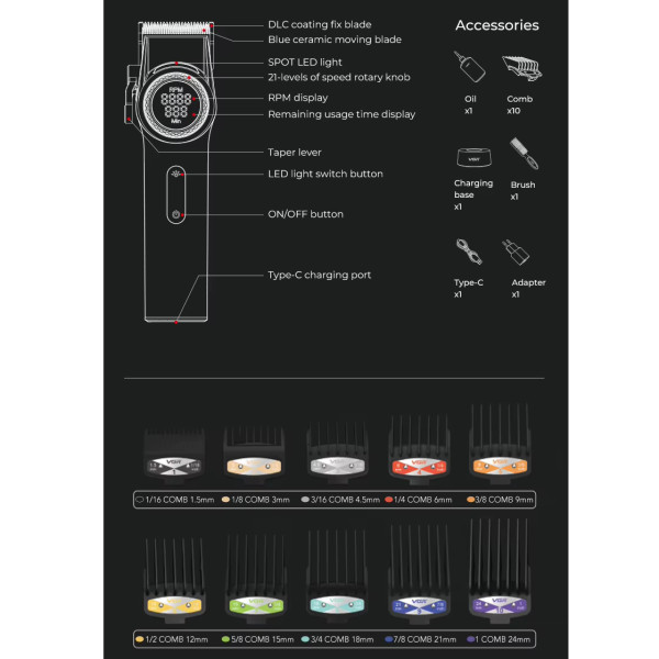 Акумуляторна Машинка Для Стрижки VGR V-001 BLUE 10 Насадок 9000 RPM 4600 mAh LED Light LED Display Акумуляторна Машинка Для Стрижки VGR V-001 BLUE 10 Насадок 9000 RPM 4600 mAh LED Light LED Display