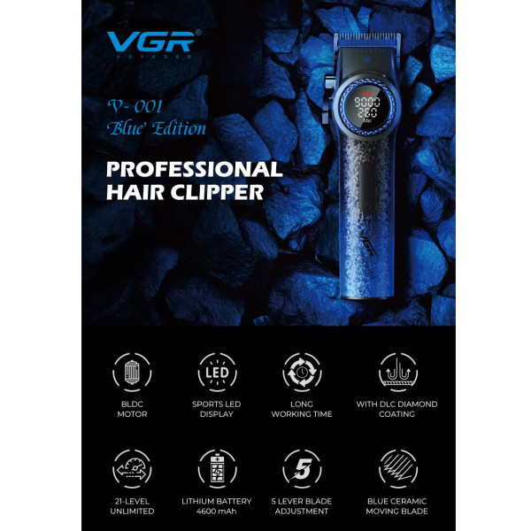 Акумуляторна Машинка Для Стрижки VGR V-001 BLUE 10 Насадок 9000 RPM 4600 mAh LED Light LED Display Акумуляторна Машинка Для Стрижки VGR V-001 BLUE 10 Насадок 9000 RPM 4600 mAh LED Light LED Display