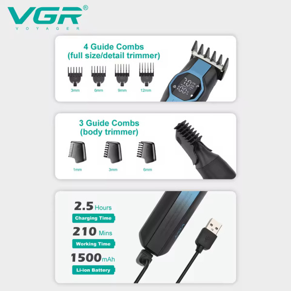Набор для стрижки VGR 13 в 1 V-173 BLUE, 13 насадок, LED display
