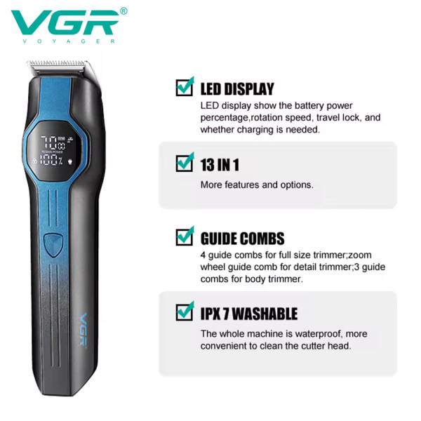 Набор для стрижки VGR 13 в 1 V-173 BLUE, 13 насадок, LED display