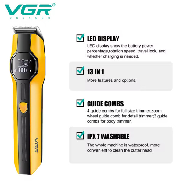 Набор для стрижки VGR 13 в 1 V-173 YELLOW, 13 насадок, LED display